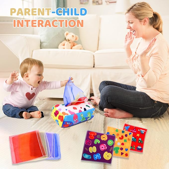 Baby Toys 6 to 12 Months - Tissue Box Toy Montessori for Babies 6-12 Months, Soft Stuffed High Contrast Crinkle Infant Sensory Toys, Boys&Girls Kids Early Learning Gifts