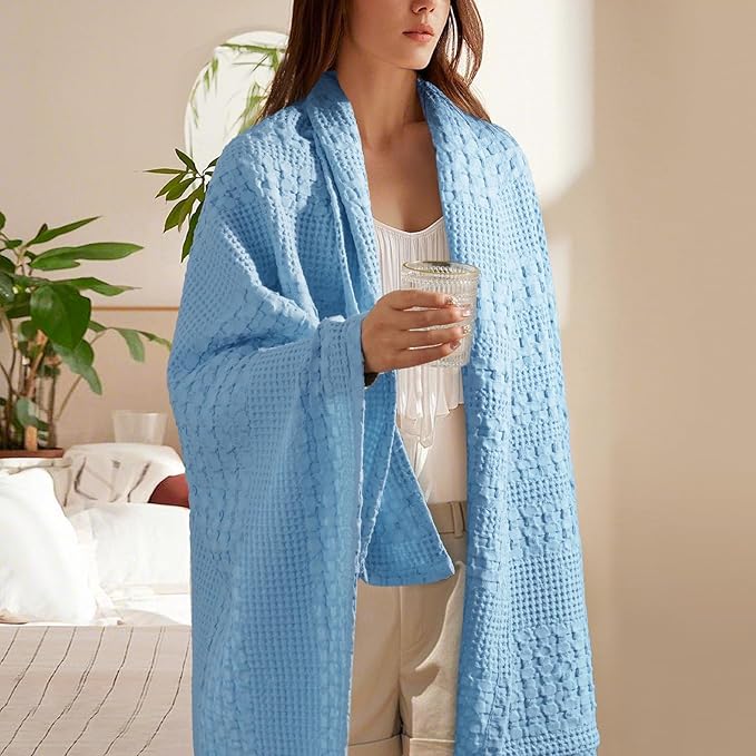 PHF 100% Cotton Waffle Weave Throw Blanket, Soft Lightweight Breathable Cozy Throws for Couch Bed Sofa, Luxury Aesthetic Woven Blanket for Home Decor & Office, 50"x60", Sky Blue