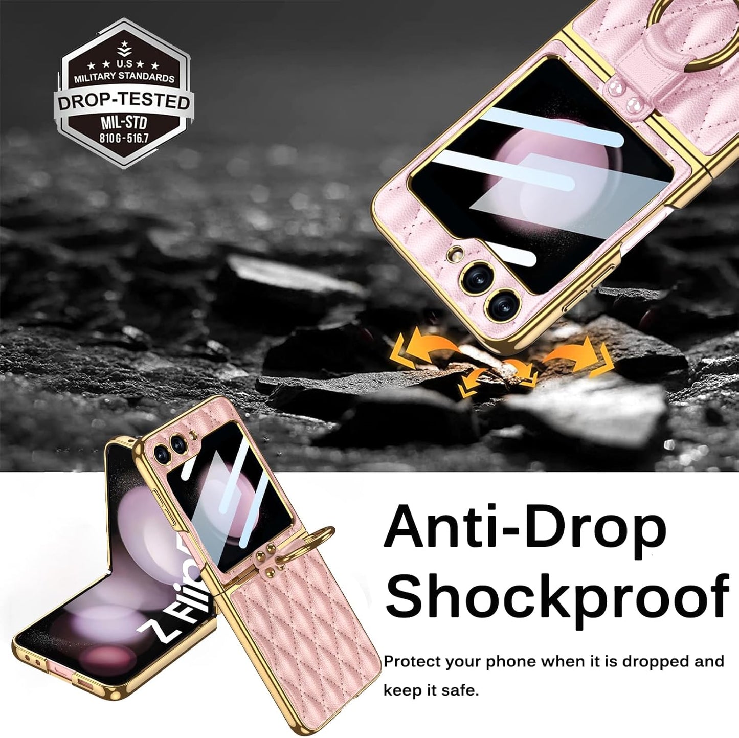 Miimall Leather Case with Ring for Samsung Z Flip 5 5G, Pink, Back Screen Protector + Metal Ring Holder Kickstand