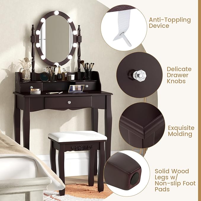CHARMAID Girls Makeup Vanity Desk with Lights, Vanity Table with Lighted Mirror, 3 Lighting Modes, Adjustable Brightness, Modern Makeup Table with 3 Drawers and Stool for Small Space (Espresso)