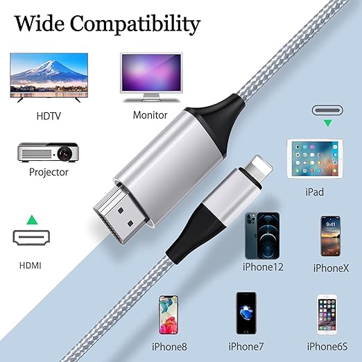 HDMI Cable for iPhone to TV, Lighting to HDMI Adapter Connector Compatible with iPhone14, 13, 12, 11 & YouTube TV Output with 1080P HD Display, Just Plug and Play (6.6FT, Silver)
