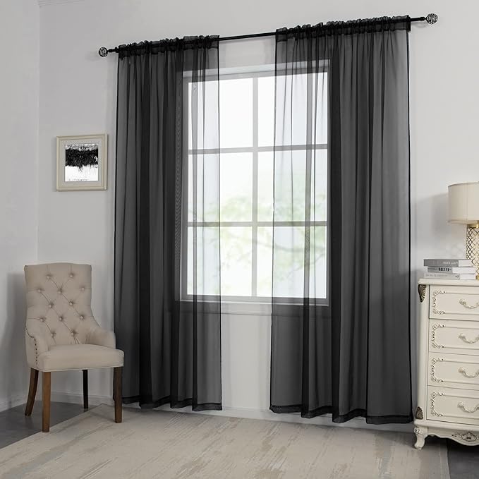 HUTO Black Sheer Curtains 96 Inches Long for Living Room Rod Pocket Voile Window Drapes for Bedroom,2 Panels