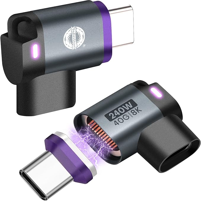 Magnetic USB Adapter Type C to C 2 Pack Narrow-L Angle USB4.0 24 PIN 40GPS PD 240W Phone OTG Replacement & Extender 8K 60Hz Vidoe in/Out Type C Connectors (Black)
