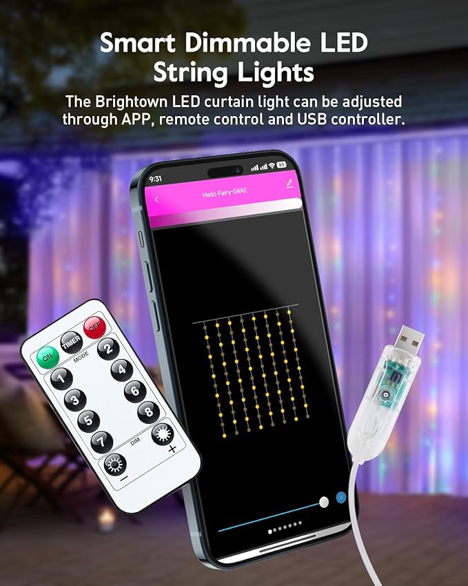 Brightown Smart Curtain String Lights - 9.8ft 300 LED Fairy Lights with APP Remote, 8 Modes, USB Powered Waterproof Christmas Hanging Lights for Bedroom Wedding Party, Multicolor