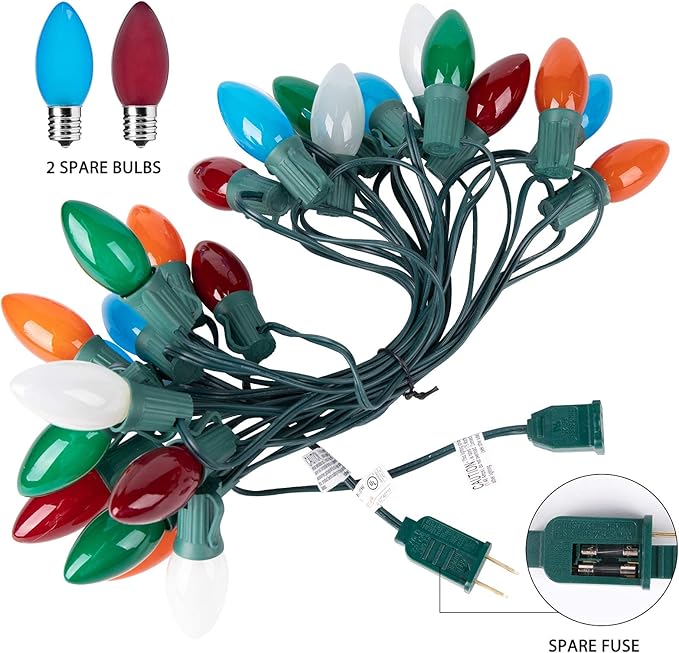 Minetom Ceramic Multicolor Christmas Lights, C9 25 Feet Vintage Incandescent Lights with Opaque Bulbs for Patio Fence Roofline Outdoor Indoor Holiday Decorations, 25 Bulbs with 2 Spare