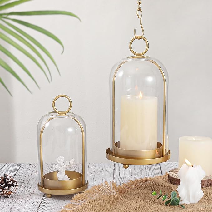 Versatile Metal Candle Holder Set with Handmade Glass Dome,Antique Brass Pillar Candle Stand, 5.2" & 4.1" Wide for Tabletop or Hanging, Industrial & Farmhouse Decor