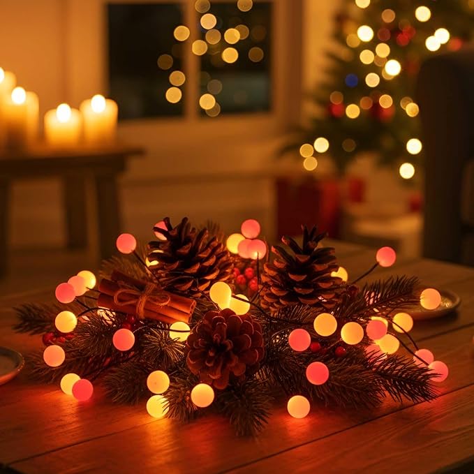 QBIS 40 LED Berry Cluster Lights - Red, Orange & Yellow Battery Powered Christmas Lights with Timer, String Lighting Perfect for Christmas, Fall and Fireplace Cozy Lighting. Indoor and Outdoor use.