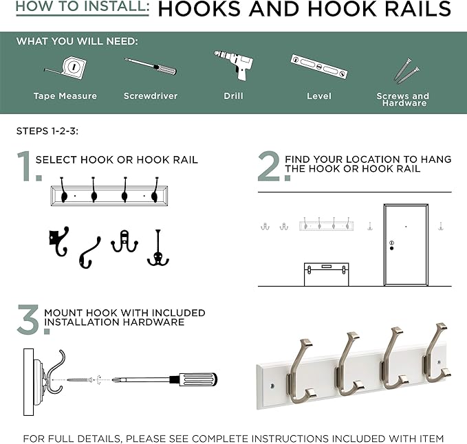 Liberty 129849 18-Inch Coat and Hat Hook Rail/Rack with 4 Heavy Duty Hooks, White and Satin Nickel