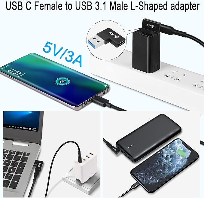 QIANRENON 90° Angle USB 3.1 to USB C Adapter 10Gbps USB A Male to Type C Female Right Angle L-Shaped Connector, for Data Transfer OTG 3A Charging, for PC Laptop Tablet,2Pcs (Right Angle Lateral Bend)