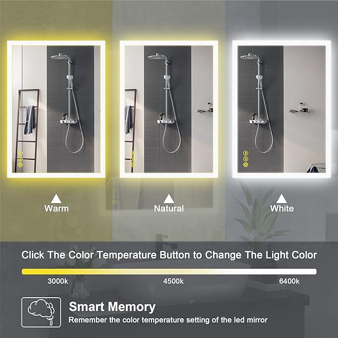Wall-Mounted LED Square Bathroom Mirror, Makeup Mirror (36 inches x 24 inches,) 3 Color Stepless Dimmable Memory Bathroom Vanity Mirror with Lights CRI90+ 3000-6400K Smart Mirror with Touch
