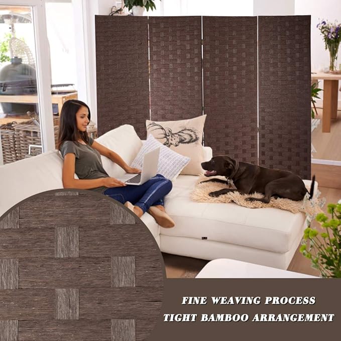 FDW Room Divider 4 Panel mesh Woven Design Room Divider Wooden Folding Portable partition Screen Wood for Home, Brown