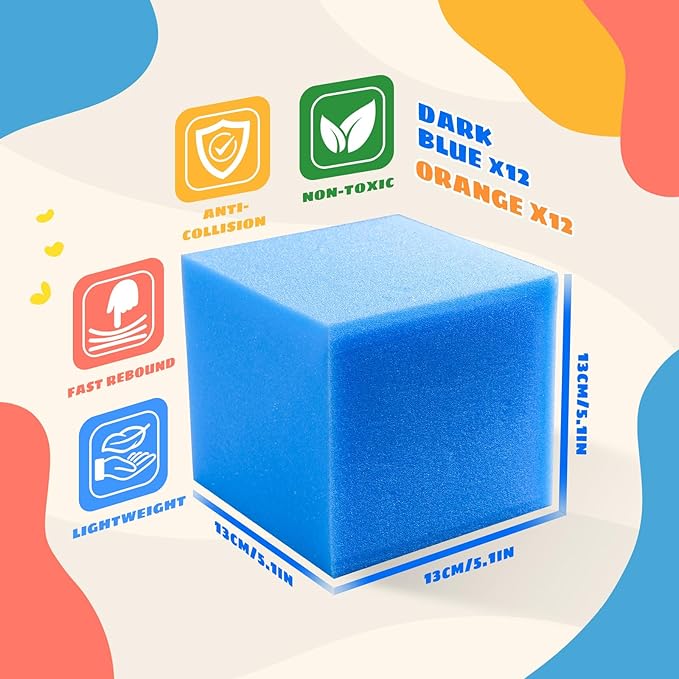 Foam Pit Cubes, 24 PCS 5 Inches Gymnastics Foam Blocks Trampoline Blocks, Multi-Sport Protective Padding for Freerunning, Trampoline, Parkour, Skate Parks & BMX - Dark Blue & Orange