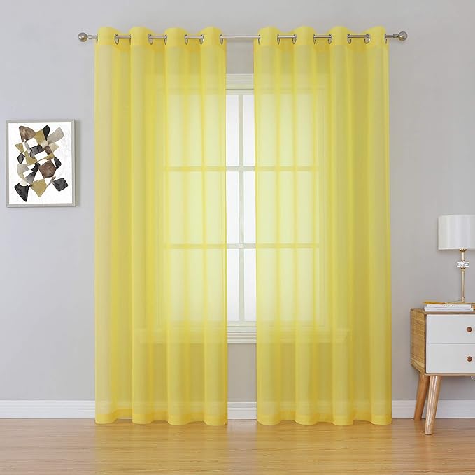 KEQIAOSUOCAI Vibrant Yellow 84 inch Length Sheer Voile Window Treatment Grommet Top Curtain Panels for Bedroom and Living Room (54 x 84 inches Long, Set of 2)