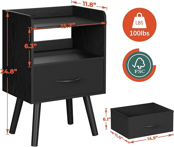 Yoobure Night Stand with Fabric Drawer, Modern Nightstand, Bedside Tables, Mid Century Nightstands with Open Storage Shelf, Wood Bedside Table, Small Night Stands for Bedrooms, 2-Tier Night Table