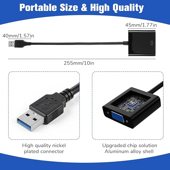 USB to VGA Adapter for Monitor, VGA to USB 3.0/2.0 Converter，1080P Multi-Display Video Cable for Laptop, Desktop, HDTV, Monitor, Projector