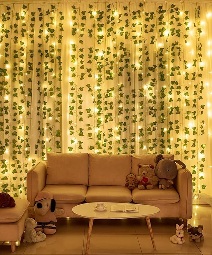 RECUTMS 118 Inches Plant Garland Hanging Vines with Lights LED Strings Artificial Ivy Fake Greenery Leaf Plants Faux Silk Green Leaves Plastic Flower for Party Room Patio Wall Bedroom Outdoor Decor