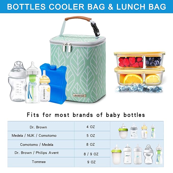 Breast Milk Cooler Bag with Ice Pack Fits 4 Baby Bottles Up to 9 Ounce, Baby Bottle Bag for Nursing Mom Daycare-Green