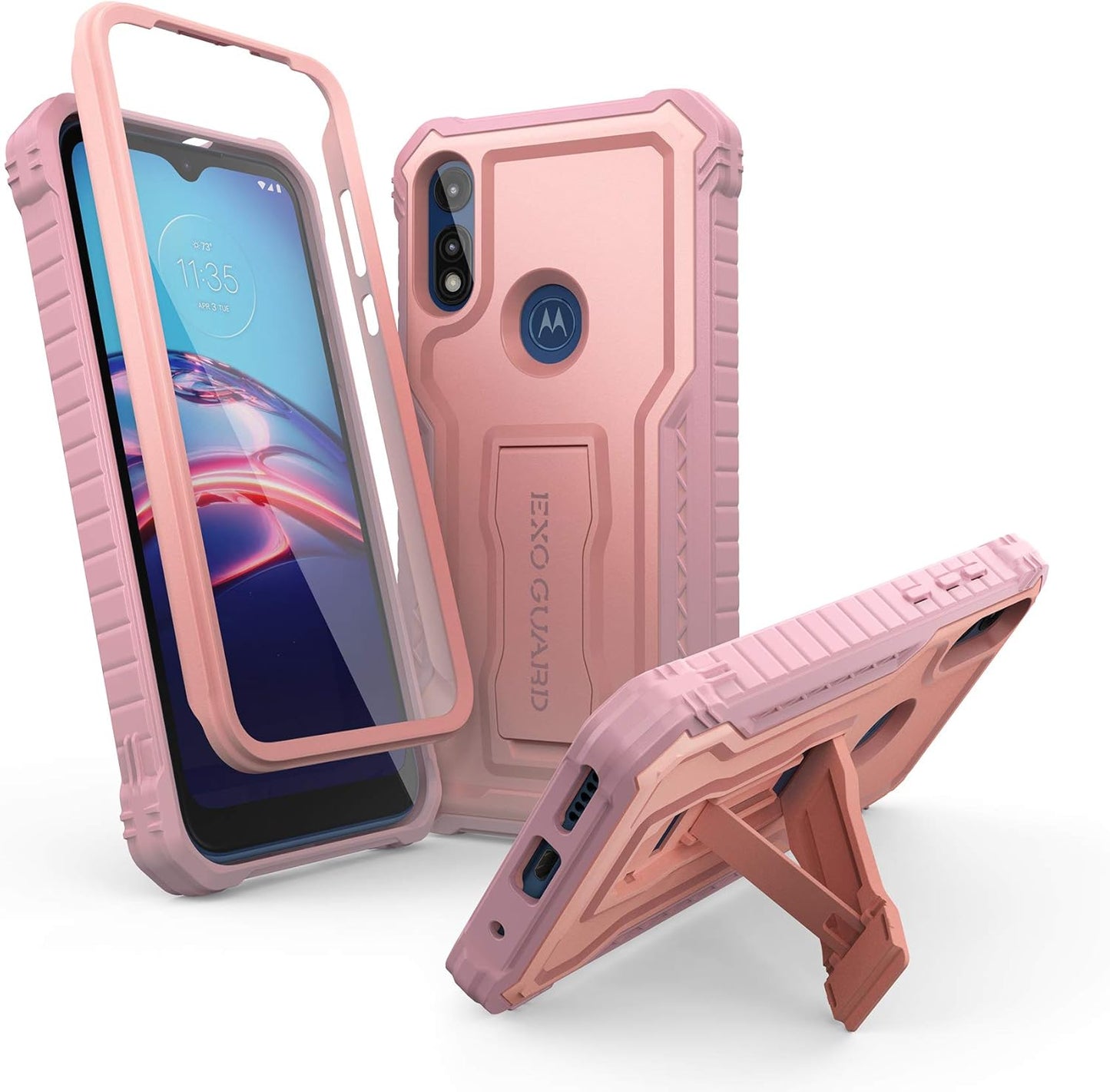 ExoGuard Rubber Shockproof Full-Body Case for Moto E - Built-in Screen Protector and Kickstand, Compatible with Moto E