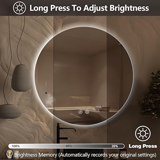 Niccy Round Led Mirror for Bathroom, 28" Circle Frameless Backlit Mirror wiht Light, Anti-Fog, 3 Colors, Waterproof, Memory Function
