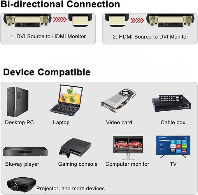 DTECH DVI to HDMI Adapter Female to Male Converter for Computer Monitor Bi-Directional Connection DVI-I 24+5 Port Supports up to 4K 30Hz 1080P@60Hz Video