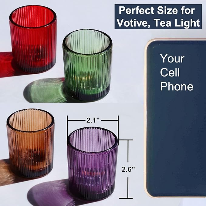 VOHO 4 Colors Ribbed Votive Candle Holders for Fall Decor, Set of 12 Tealight Candle Holder Easter/Halloween/Thanksgiving Decorations, Christmas Tea Light Candle Holder Glass Dining Table Centerpiece