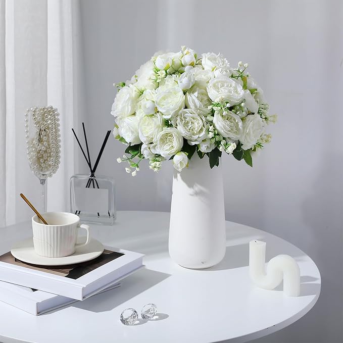 Geosar 8 Bundles Artificial Peonies Flowers Fake Silk Peony Bouquet Faux Peonies Flowers Bulk for Decoration Vase Floral Arrangements Wedding Party Table (White)