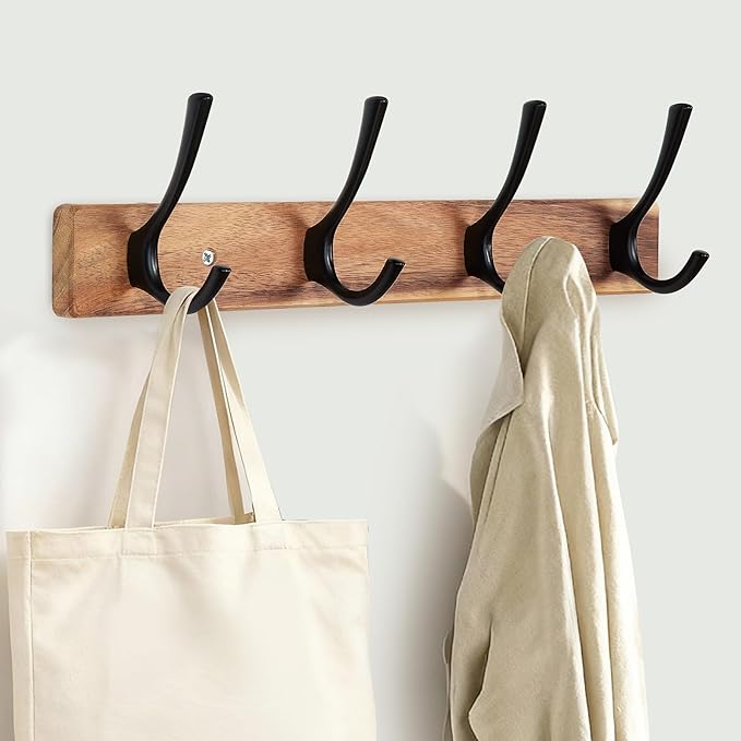 Yangbaga Coat Rack Wall Mount,Acacia Wood Coat Hooks Wall Mount,15" Wall Coat Rack with Heavy Duty 4-Double-Hooks,Hat Rack Wall Coat Hanger for Towel/Dog’s Leashes/Coat/Bag