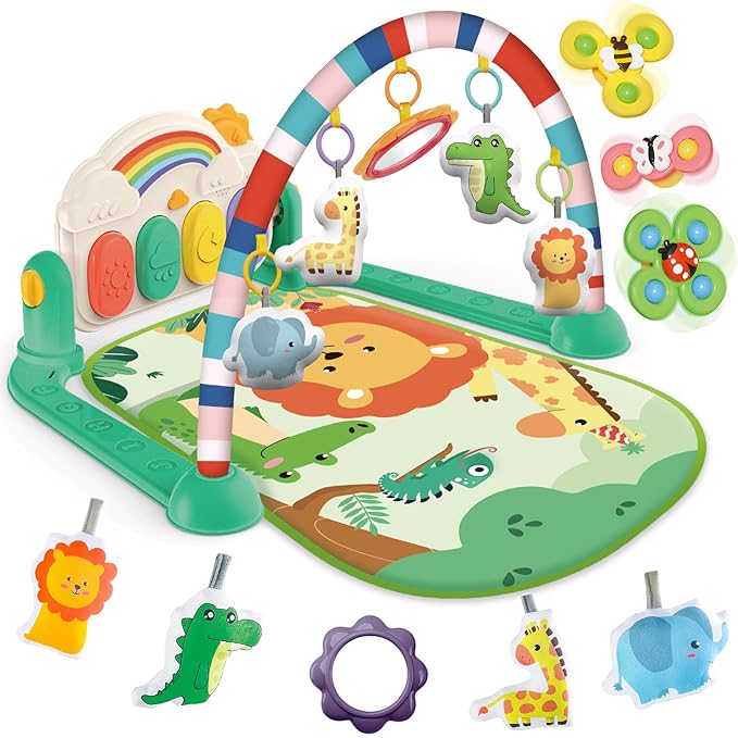 Baby Gyms Play Mats, Tummy Time Mat Toys, Infant Play Mat and Activity Gym, Baby Play Piano Gym Mat, Play Mats for Babies Newborns and Toddlers, Baby Activity Mat Toys 0-3-6-12 Months (Green)