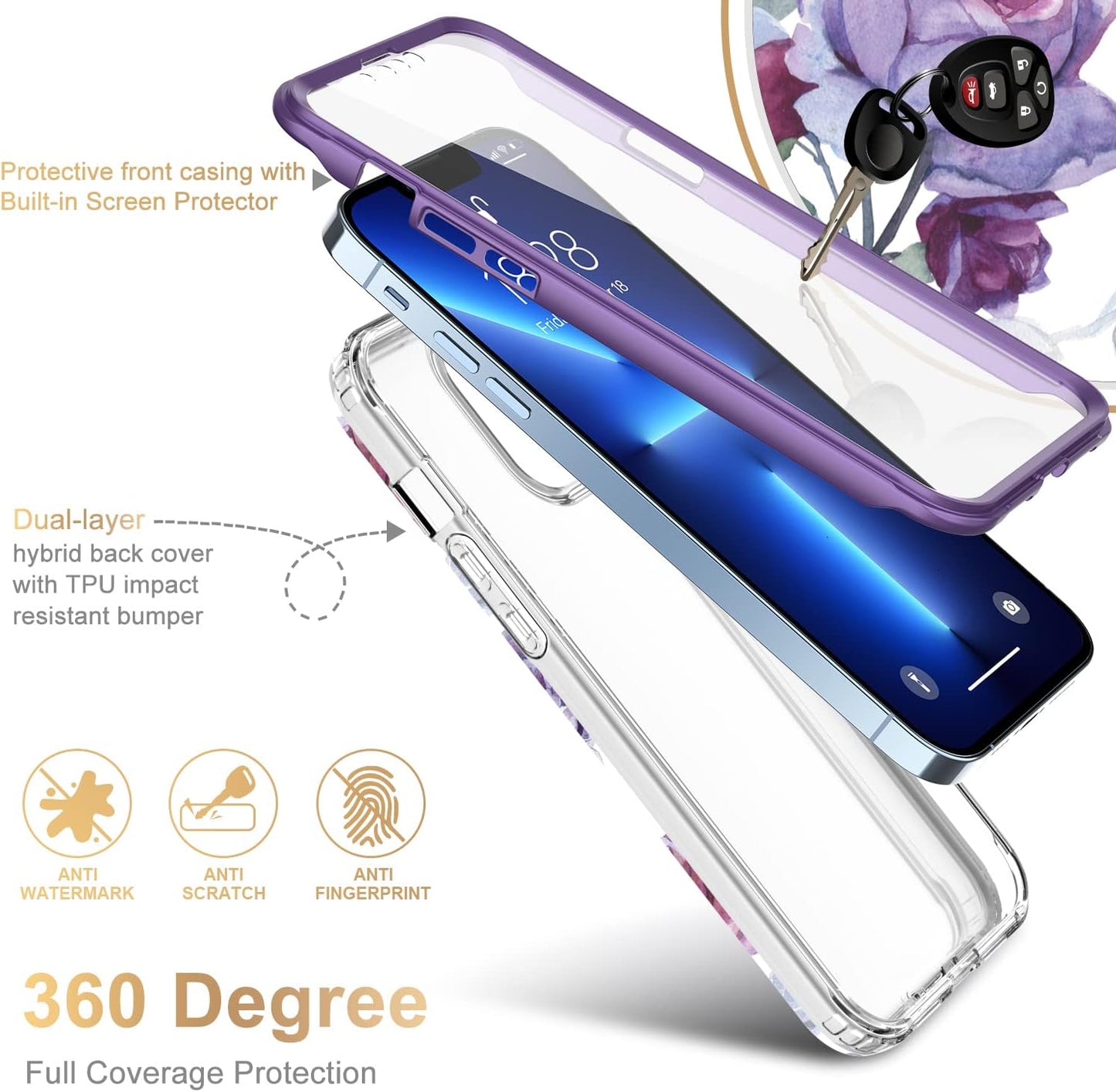 Esdot iPhone 13 Pro Max Case with Built-in Screen Protector, Military Grade Cover with Fashion Designs