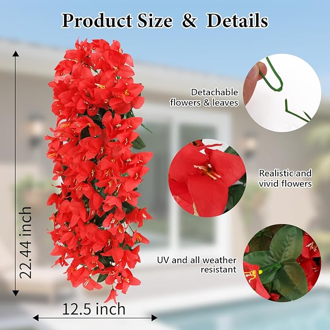 NESCCI Bougainvillea Artificial Flowers Plants for Outdoor Outside Fall Autumn Decor, 4 PCS Faux Silk Long Trailing Vines UV Resistant Fake Flowers for Front Door Porch Planter Urn Patio