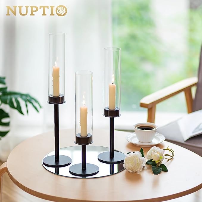 NUPTIO Hurricane Candle Holders Bulk: 18 Pcs Black Tapered Candlesticks Holder with Crystal Glass Cylinder Sleeves Metal Taper Candle Stick Holder for Christmas Thanksgiving Party Event Centerpieces
