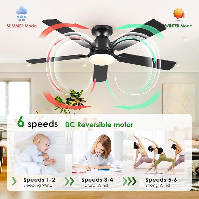 Ceiling Fans with Lights- 52" Low Profile Indoor Ceiling Fan with Light and Remote/APP Control, Flush Mount, LED Dimmable DC Reversible Modern Ceiling Fan for Bedroom（Black）