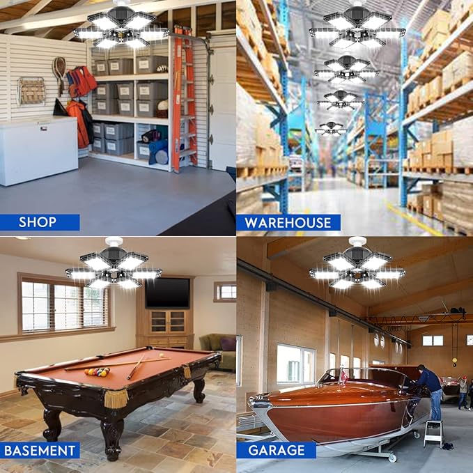 2 Pack LED Garage Lights 180W Deformable 18000LM Close to Ceiling Light Fixtures E26 E27 Screw-in Six Leaf Glow Lighting, Ultra Bright LED Shop Light with 6 Adjustable Panels for Work Shop Warehouse