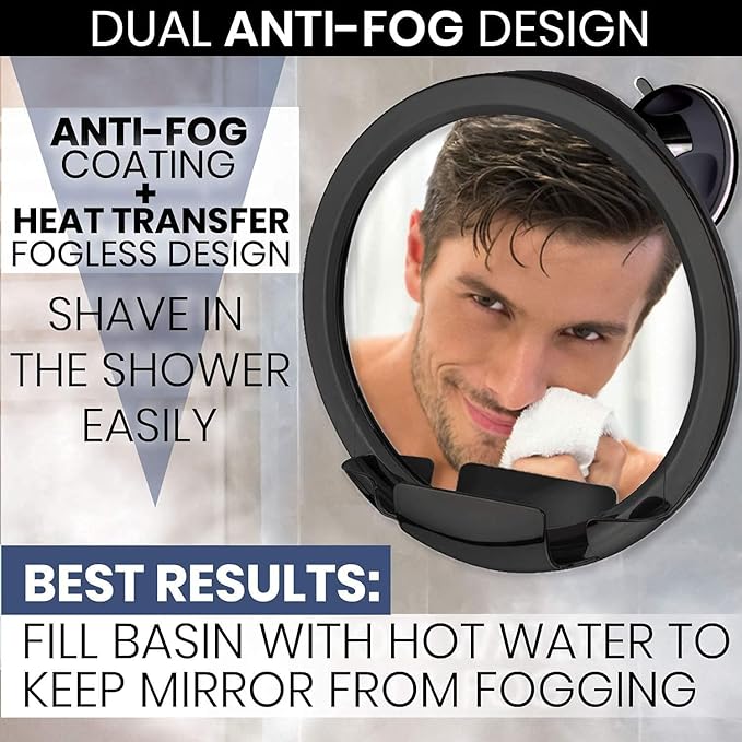 MIRRORVANA Dual Antifog Shower Mirror for Shaving - Shatterproof Mirror with Razor Holder, Upgraded Suction, 360° Swivel (8" Round, Black)