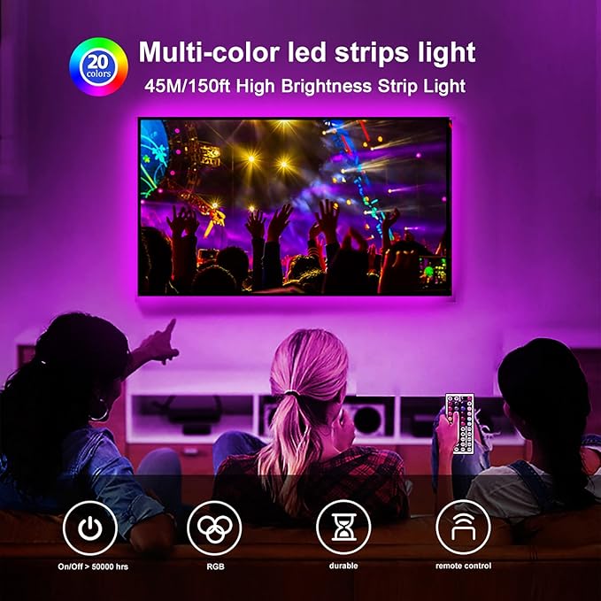 DAYBETTER Led Strip Lights 150ft, Color Changing Led Light Strip with Remote Control, RGB Strip Lighting Suitable for Home Decor, Living Room, Kitchen, Home Party Decoration, 12V (3 Rolls of 50ft)