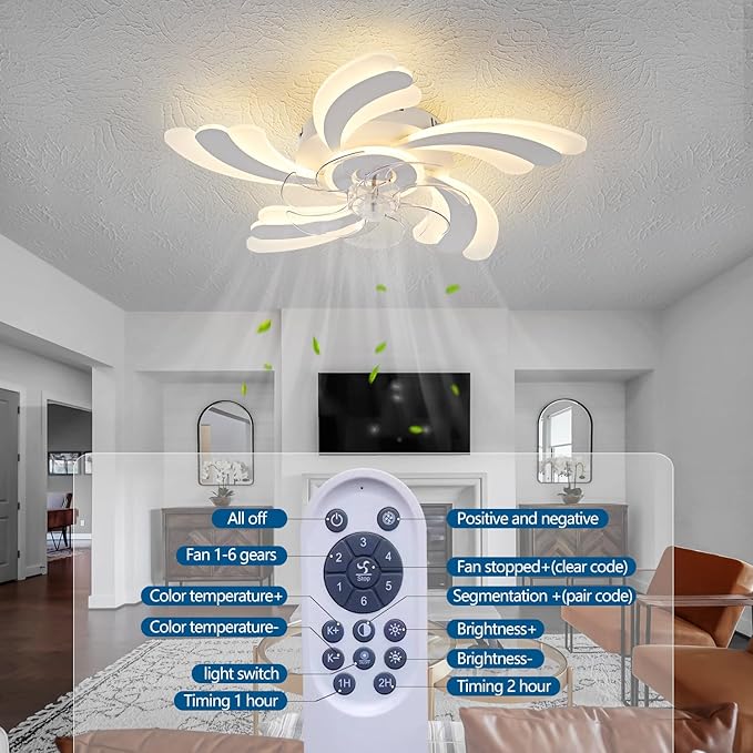 Ceiling Fan with Lights Remote Control, White Flower Ceiling Fan with Light, 3 Light Color 6 Speeds Low Profile Flush Mount Ceiling Fan for Kitchen Bedroom Living Room