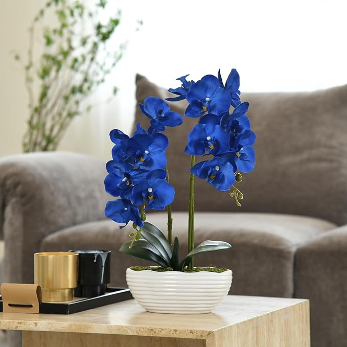 Large Artificial Potted Orchid Plant, Silk Flower Arrangement with Ceramics Vase, Navy Blue