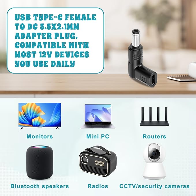 2 PCS USB Type C to 12V DC 5.5 mm x 2.1 mm Power Adapter, 90 Degree Angled Female USB C to Male DC Male Connector Plug Computer Cable Adapters for Router, Speaker, LED Light, Camera Charger Converter