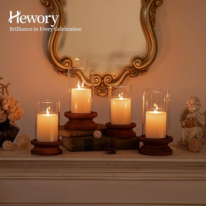 Hewory Hurricane Glass Candle Holder: 2PCS Rustic Brown Candle Holders for Pillar Candles, Vintage Decorative Wood Stand with Clear Glass Cover for Weddings Christmas Table Centerpiece Home Decor