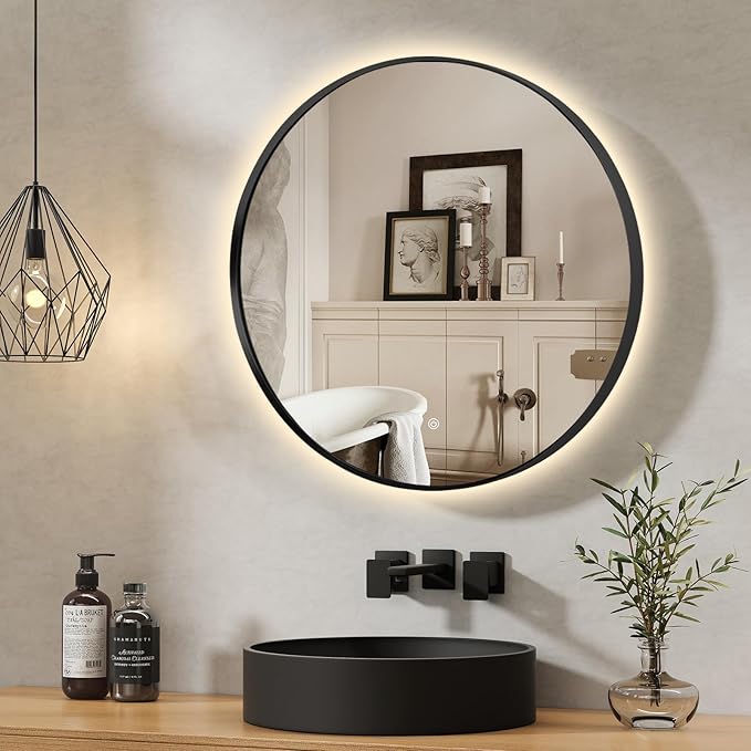 36" Round LED Bathroom Mirror, Wall Mounted Backlit Vanity Mirror with 45° Beveled Frame Lighted Mirror for Bedroom, Fog Free 3-Color Dimmable Lights Memory Function, Black