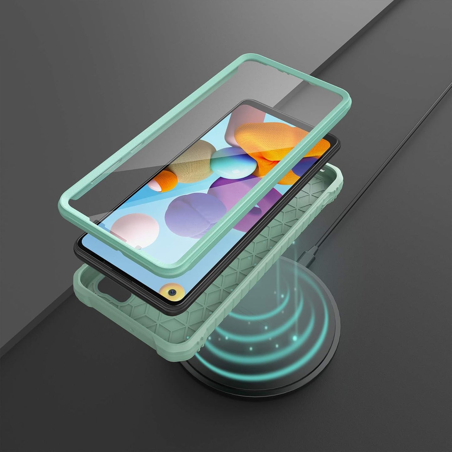 ExoGuard Rubber Shockproof Full-Body Case for Samsung Galaxy A21, Green with Built-in Screen Protector & Kickstand