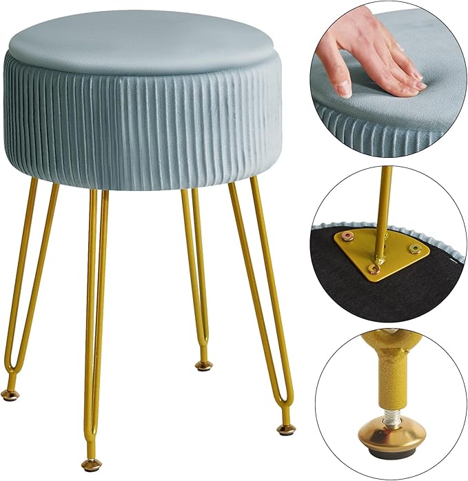 IBUYKE Velvet Storage Footrest Stool Ottoman, Makeup Vanity Stool Side Table with Golden Steel Legs Removable Cover, Coffee Table Top Cover, Blue LG-20H