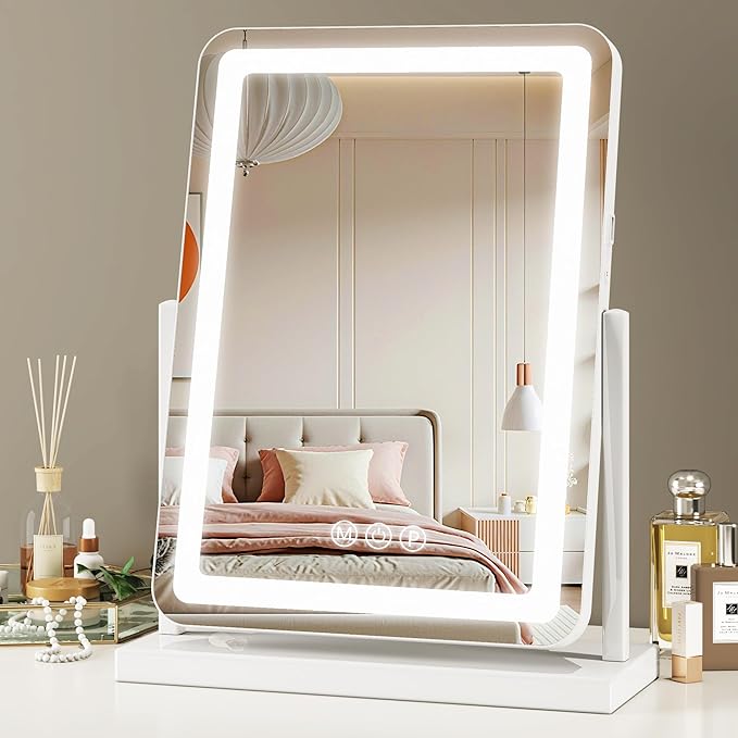 Vanity Mirror with Lights, 18"x13" Hollywood Lighted Makeup Mirror for Tabletop & Bedroom 3 Color Lighting Modes Smart Touch Control 360° Rotation Detachable