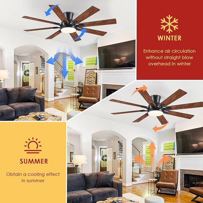 Ceiling Fans with Lights- 52" Low Profile Indoor Ceiling Fan with Light and Remote/APP Control, 8 Blade,Flush Mount, LED Dimmable DC Reversible Modern Ceiling Fan for Bedroom（Brown）
