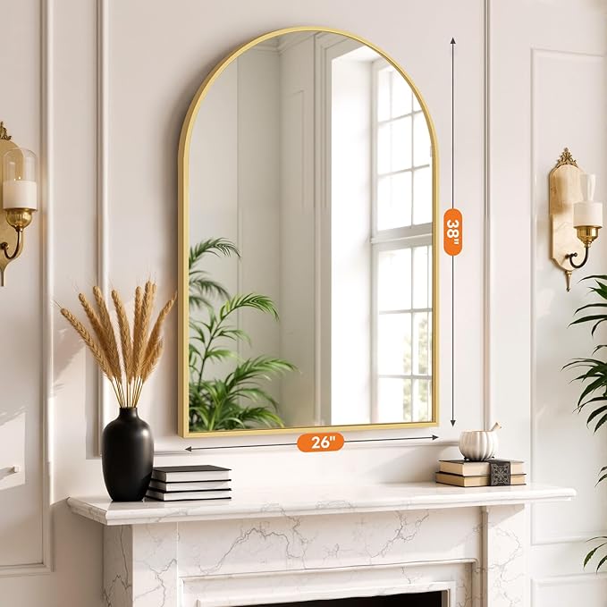 Sweetcrispy Arched Bathroom Mirror 38x26 Inch Gold Metal Framed Arch Vanity Mirror for Wall, Over Sink, Farmhouse, Restroom, Anti-Rust, Modern Decorative, Hanging or Leaning