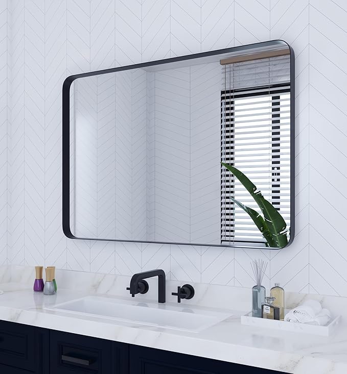 VocalStar Black Bathroom Mirror for Wall, 28 x 40 Inch Rounded Rectangle Metal Framed Bathroom Wall Vanity Mirror Farmhouse, 1/4-inch Shatterproof Glass | Ultra-Flush Hanging