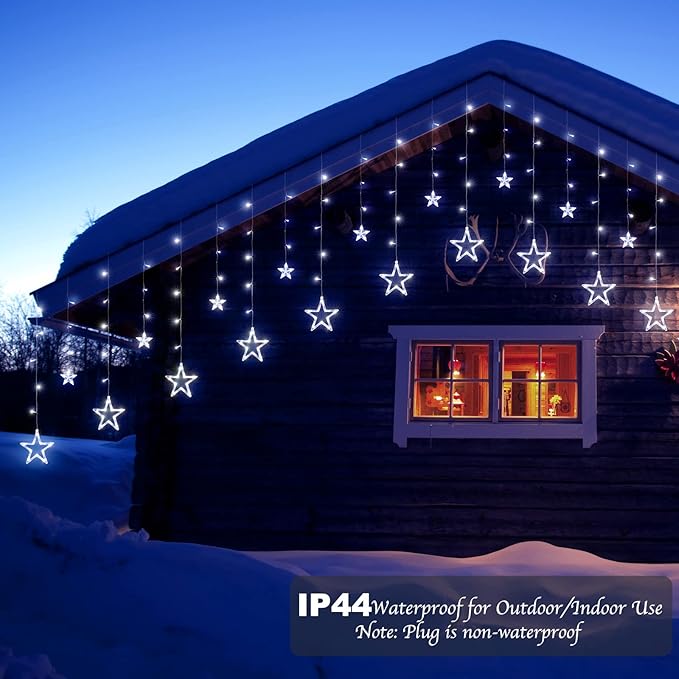Star Curtain Lights for Bedroom - Plug-in 9ft 138 LED Fairy Twinkle Lights with 12 Star Drops, Connectable Window Lights with Remote 8 Lighting Modes for Indoor Xmas Ramadan Decoration, White
