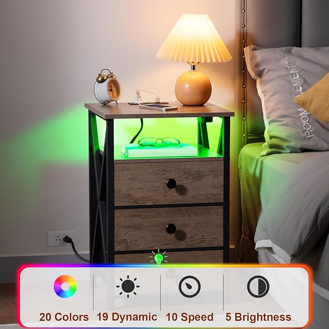 AMHANCIBLE LED Night Stand, Nightstand with Charging Station, Smart End Side Table with USB Port & Power Outlet, Bedside Table with 3 Fabric Drawers for Bedroom, Living Room, Greige HET053LGY1