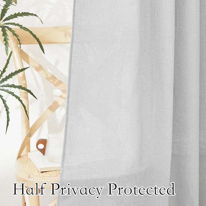RYB HOME Semi Sheer Curtains - Natural Linen Textured Blend Sheer Curtains Light Glare Filtering Privacy Window Curtaind for Living Room Bedroom Dining, Dove Grey, W 52 x L 108 inch, 1 Pair