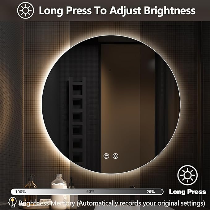 Niccy Round Led Mirror for Bathroom, 32" Circle Frameless Backlit Mirror wiht Light, Anti-Fog, 3 Colors, Waterproof, Memory Function